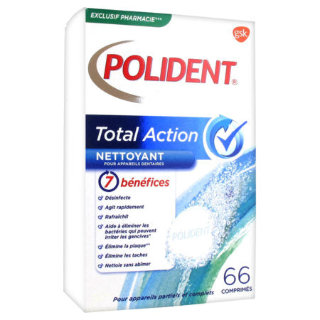 image produit POLIDENT Comprimés Nettoyants Total Action, 66 unités - Hygiène Buccale Complète